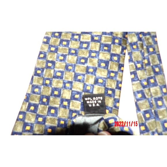 Meeting Street Necktie 100% Silk Green Blue Gold Made in USA Geometric Tie - Picture 3 of 5